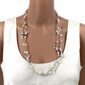 Mary Kay Rope Necklace Toggle Closure White Silver Tone Gray Beads